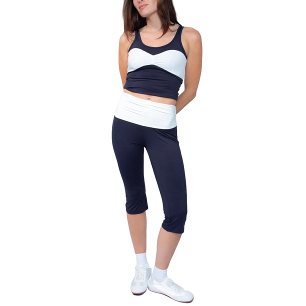 Jess de Meiko Leggings Capri Casual Athleisure para Mujer con Cintura Doblada en Contraste Elástica Azul Marino y Blanco L