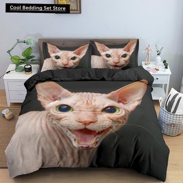 x2051 Bed SheetsSphynx Cat Duvet Cover Lovely Pet Kitty Bedding Set for Kids Teens Adults Animal Grey /Polyester Quilt Cover 3-Piece Bedding Set (1 Duvet Cover + 2 Pillow Shams) nj2051