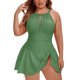 thumbnail image 1 of Traje de baño de una pieza para mujer de talla grande Agnes Orinda con halter, malla transparente, lazo, control de abdomen, push up, playa, vacaciones, 2X verde militar, 1 of 9