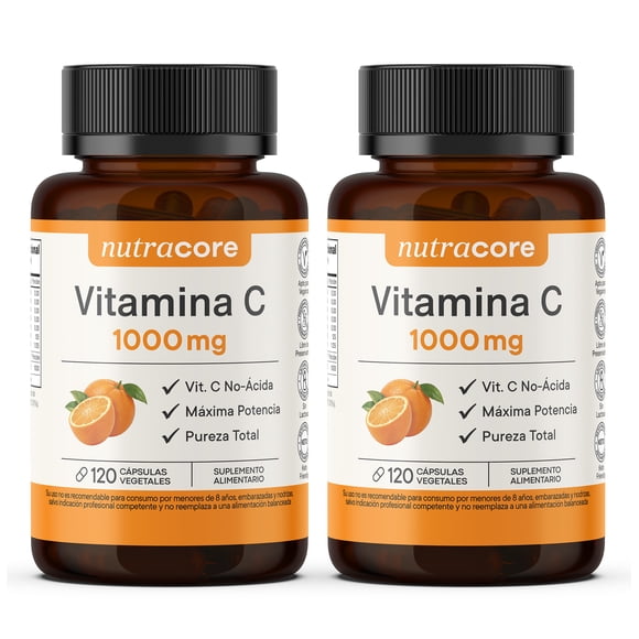 Vitamina C 1000 mg No-Ácida Pura - Pack 2x120 Cápsulas Vegetales | NutraCore