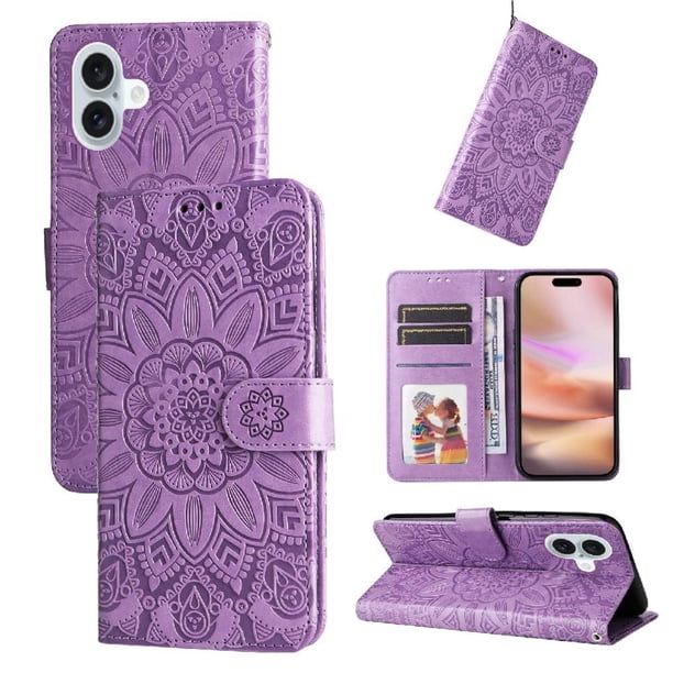Funda tipo cartera FOXDOCK para iPhone 16 Plus , diseño girasol en relieve, cuero PU, cierre magnético, soporte y tarjetero