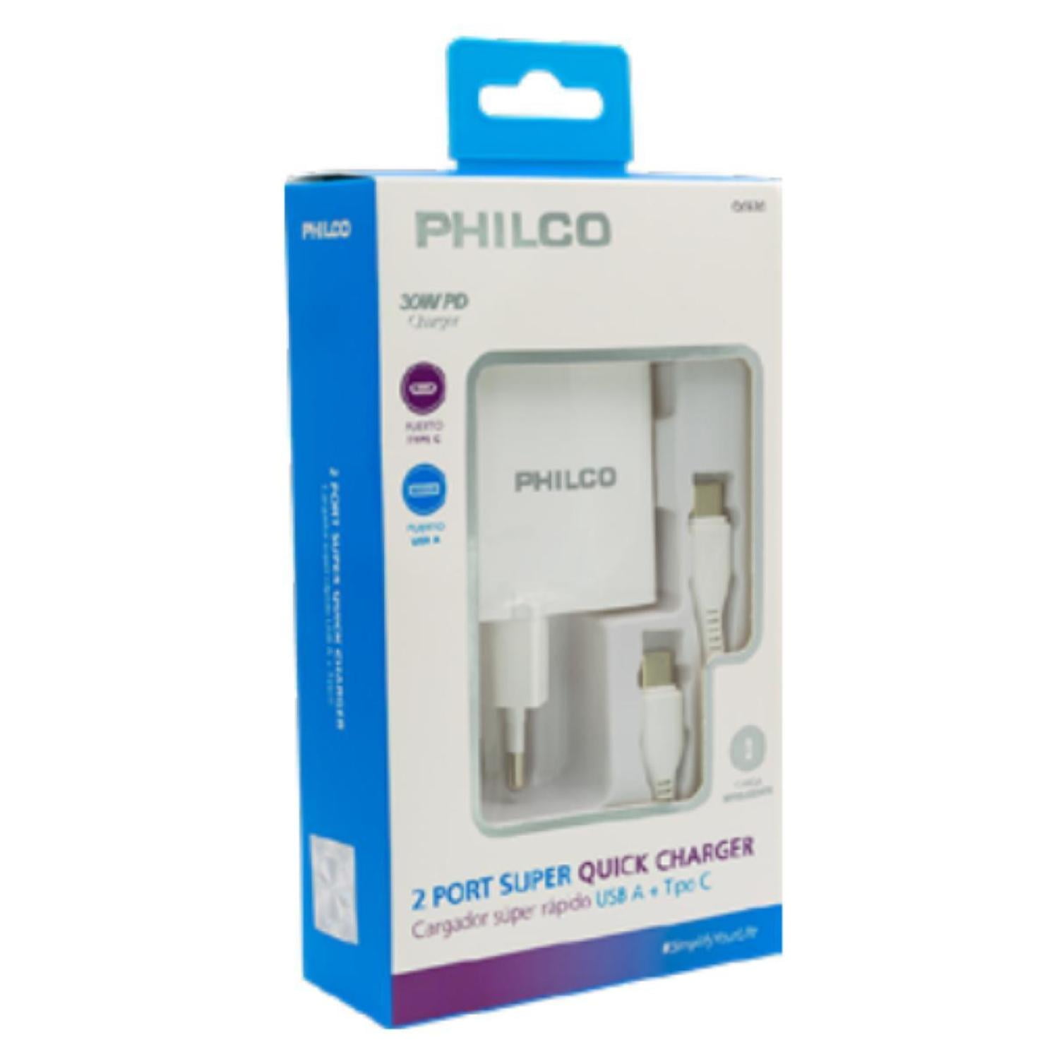 Philco - Cargador Rapido 3.0 Usb C Con Cable 18w Blanco Qc621