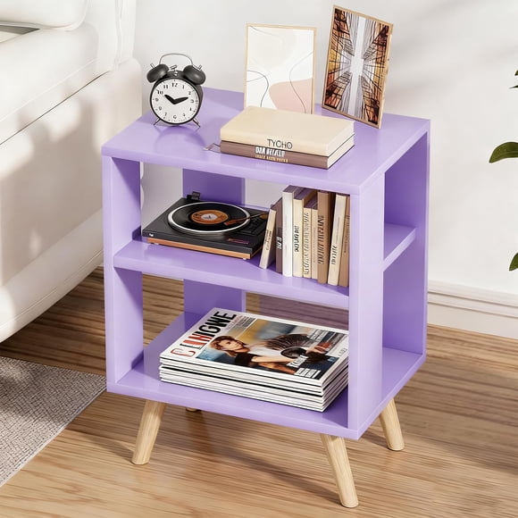 Mesa de noche Aenuert, mesa de noche morada, mesa auxiliar moderna con almacenamiento abierto, mesa de noche de madera de 2 niveles para espacios pequeños, sala de estar, dormitorio