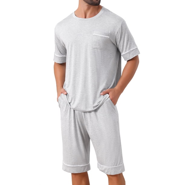 INSPIRE CHIC Conjunto de Pijama de Verano para Hombre con Cuello Redondo y Bolsillos, Manga Corta, Talla XL, Gris Claro