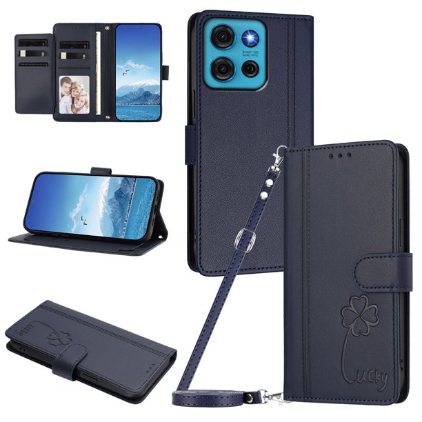 Funda Cartera Trébol para Motorola Moto G75 5G con Ranuras Tarjetas y Carga Inalámbrica Azul oscuro