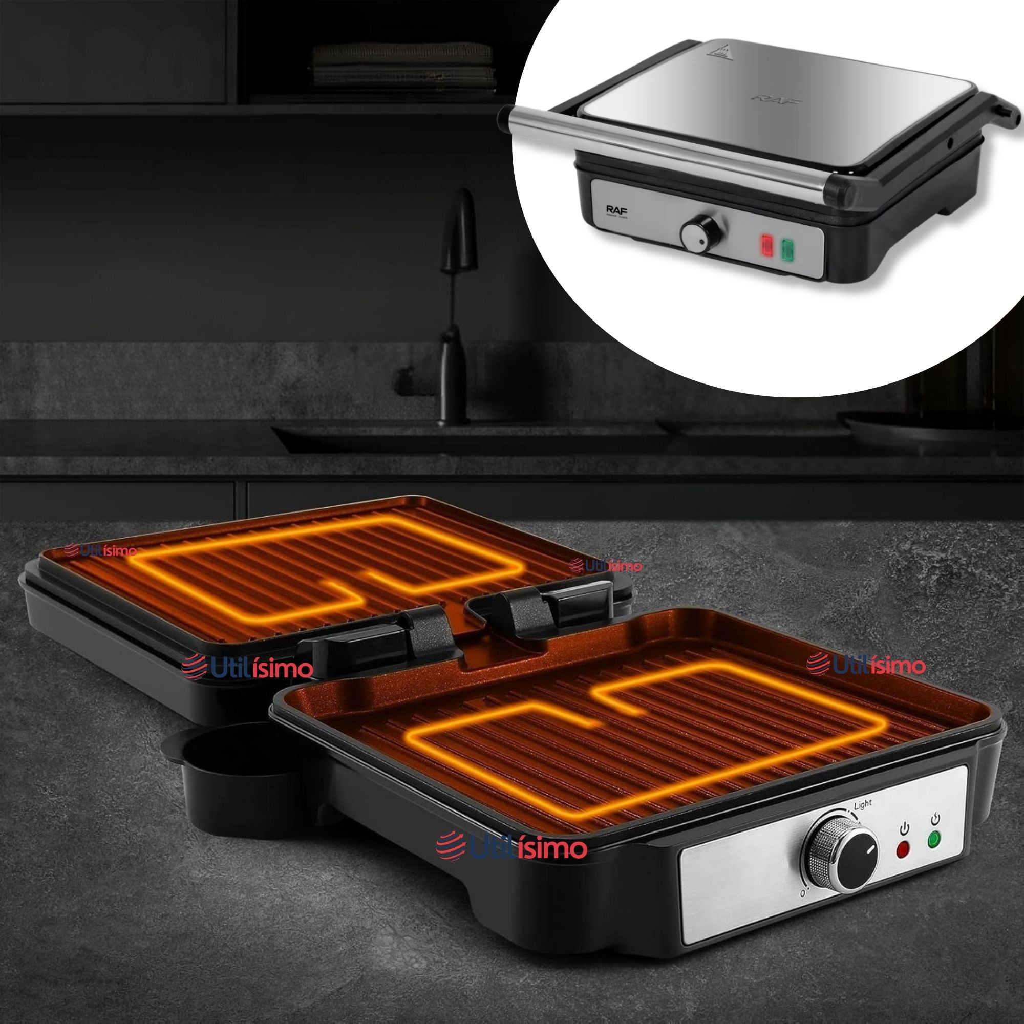 Raf - Plancha Parrillera Eléctrica 2000w Asadora Doble Cara Antiadherente