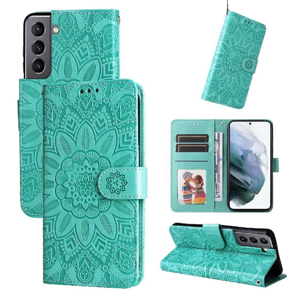Funda tipo cartera FOXDOCK para Samsung Galaxy S21 , diseño girasol en relieve, cuero PU, cierre magnético, soporte y tarjetero