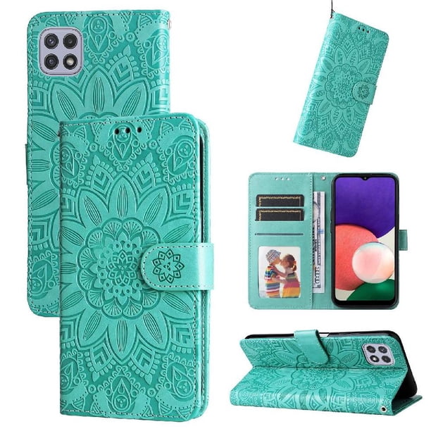 Funda tipo cartera FOXDOCK para Samsung Galaxy A22 5G , diseño girasol en relieve, cuero PU, cierre magnético, soporte y tarjetero