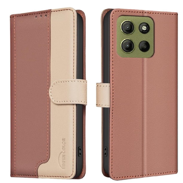 Funda Cartera con Bloqueo RFID para Motorola Moto G15 con Ranuras y Soporte Marrón