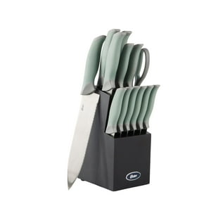 Oster - Set Cuchillos Acero Inoxidable Lindbergh 14 Pcs Mango Verde Y Taco De Madera Negro Gris