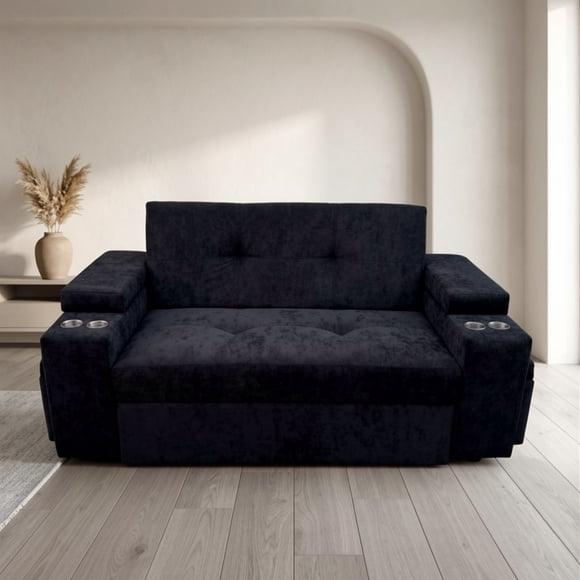 Sofá Cama Negro Chenille Elite 2 Plazas con Puffs y Respaldo Reclinable