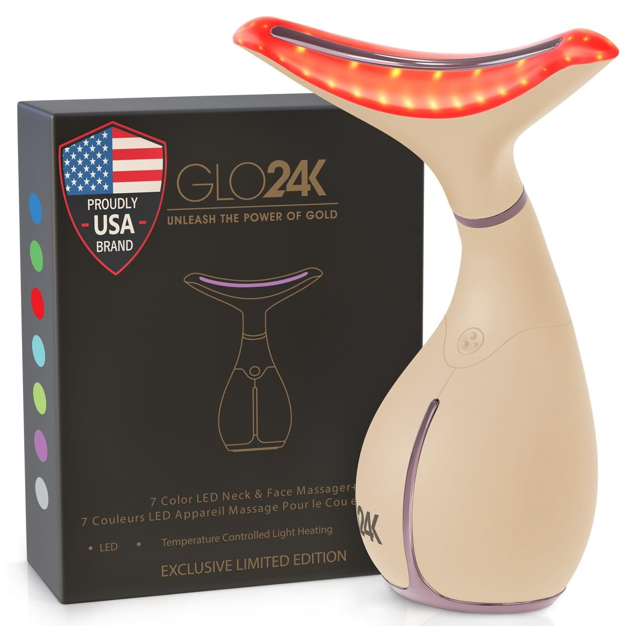 Glo24k Unleash The Power Of Gold - Masajeador Facial Y De Cuello Glo24k Dispositivo De Belleza De 7 Colores