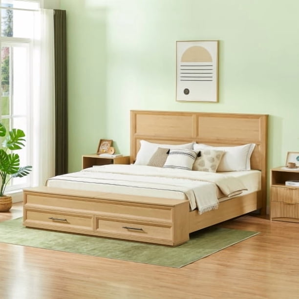 Cama King Size con cabecera geométrica 3D y banco de almacenamiento - almacenamiento de 4 cajones, muebles modernos de dormitorio