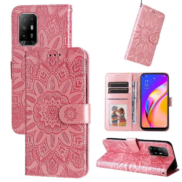 Funda tipo cartera FOXDOCK para OPPO Reno 5Z 5G , diseño girasol en relieve, cuero PU, cierre magnético, soporte y tarjetero