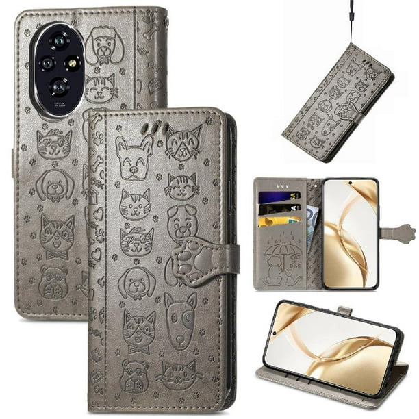 Funda Cartera FOXDOCK para Honor 200 , Flip PU con Relieve de Gatos y Perros, Tarjetero y Soporte