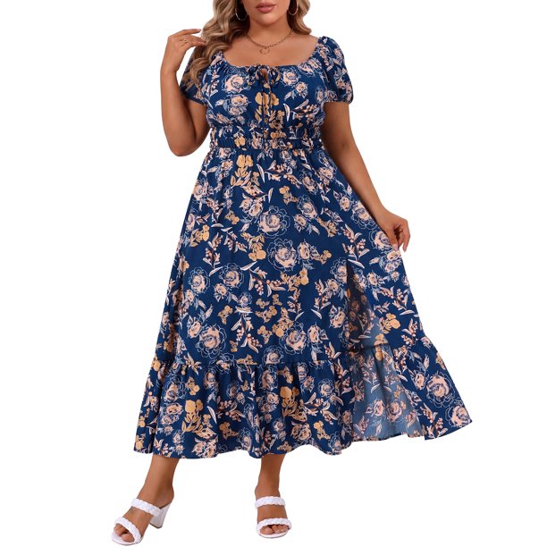 Vestido maxi floral de talla grande para mujer GRACE & GRANDEUR con escote cuadrado con lazo, cintura fruncida, línea A, largo de verano para la playa con abertura lateral 3X azul marino