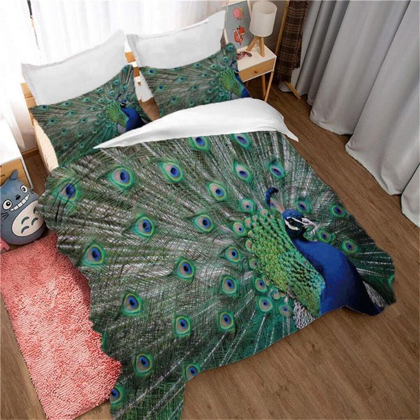 Peacock Feather Blue Quilt Duvet Cover Set Children Pillowcase Bedding3-Piece Bedding Set