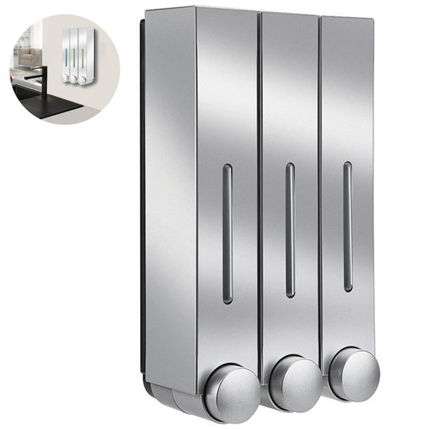 Dispensador y organizador de bomba de ducha para baño de pared de 2/3 cámaras - Contiene champú, jabón, acondicionador, gel de ducha, loción - Cámaras transparentes, botón pulsador - Cada cámara