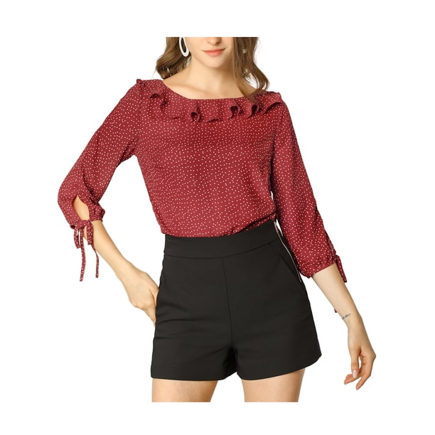 INSPIRE CHIC Blusa de Mujer con Cuello Volante, Manga Media, Transparente, Verano, Lunares, Talla 3XL, Rojo Vino