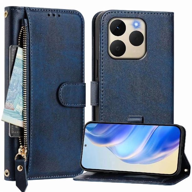 FOXDOCK Funda Tipo Cartera para T-Mobile T Phone 3 Cuero PU con Cremallera y Correa de Muñeca, Ranuras para Tarjetas, Soporte Plegable, Cierre Magnético