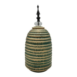 Fliperex - Jarron Florero Ceramica Decorativo Verde Con Dorado Egipcio Verde Oscuro