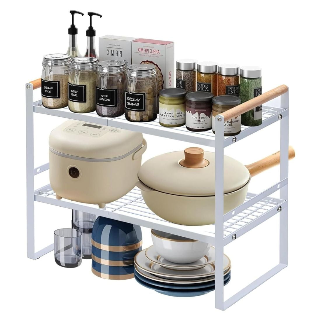 Chic Haus - Repisa Organizadora 2 Niveles De Acero Y Madera Blanco 34 Cm – Estante Multiuso Estilo Nórdico