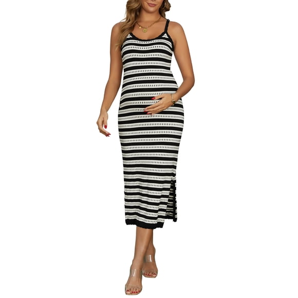 INSPIRE CHIC Vestido de Maternidad para Mujer Bodycon Rayado Largo Midi Sin Mangas Cami Tejido Casual Ajustado Vestidos de Embarazo L Negro