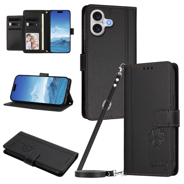 Funda Cartera Trébol para iPhone 17 con Ranuras Tarjetas y Carga Inalámbrica Negro