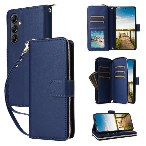 Funda Cartera con Cremallera y Correa para Samsung Galaxy A14 Soporte y Tarjetero Azul