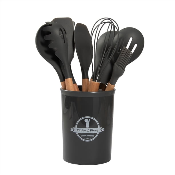 Set de Utensilios de Cocina de Silicona y Madera (12 Piezas) – GRIS