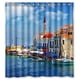 thumbnail image 1 of Cortina de ducha con diseño de edificio griego, mar azul, agua, océano, paisaje, juego de cortinas de baño con ganchos, tamaño 66 x 72 pulgadas, 1 of 3