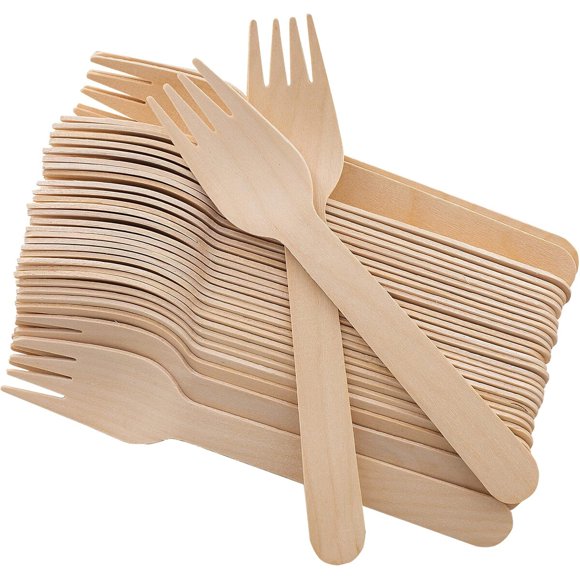 Tenedores desechables de madera, paquete de 100, 16,5 cm, biodegradables