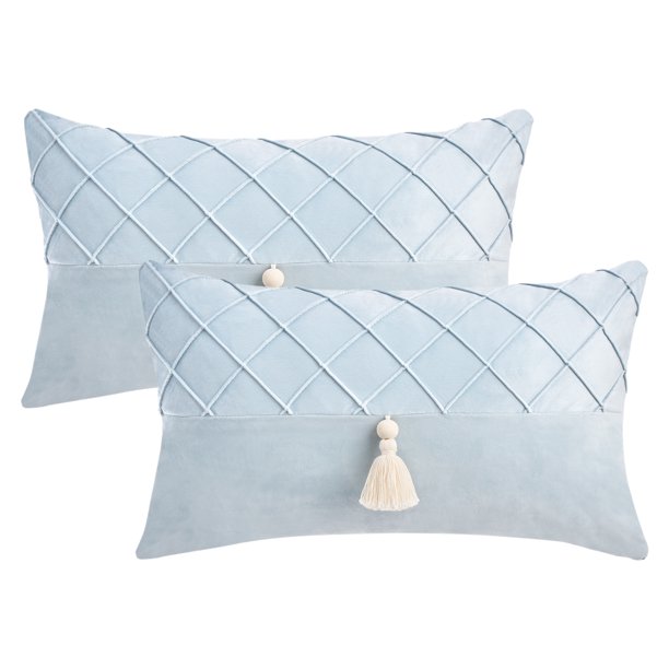 REGALWOVEN Juego de 2 fundas de cojín con patrón de diamante y borlas Boho suaves fundas decorativas para cojines para decoración de hogar estilo rústico azul 20" x 12"