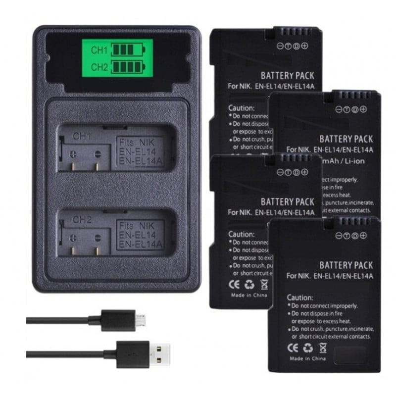 Genérico - 4 Baterías En-el14 + Cargador Doble Mh-24 Alternativo Nikon