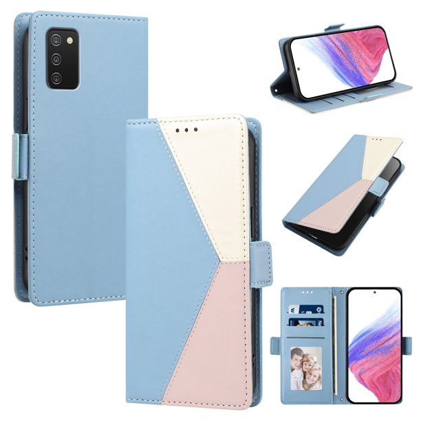 Cartera para Samsung Galaxy A02s en PU Tricolor, Funda con Solapa, Azul Claro