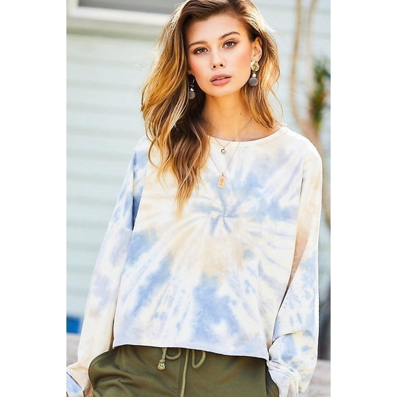 Saronite Suéter de Felpa Francesa con Cuello Redondo y Estampado Tie-dye, Azul Ceniza/arena (para Mujer)