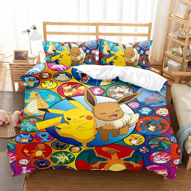 Pok-mon Pika-chu 3 Pcs Comforter Set with 2 Pillowcases,Pokmo-n Pikach-u Bedding Set Sheet Set for Kids Adults,All Season Lightweight