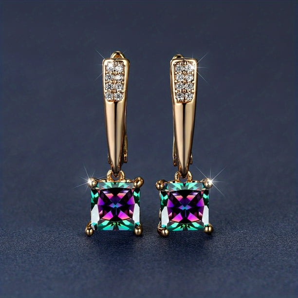 Square Cut Black Stone Emerald Earrings 18K Gold Plated Ornament For Women Daily Decor Jewelry