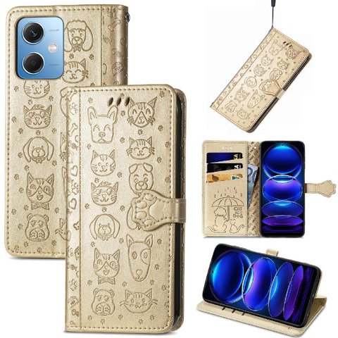 Funda Cartera Foxdock Para Xiaomi Redmi Note 12 5G , Flip Pu Con Relieve De Gatos Y Perros, Tarjetero Y Soporte