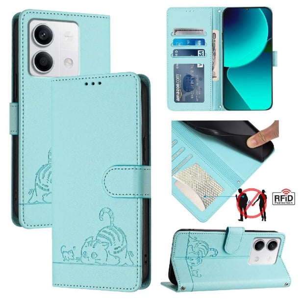 Funda tipo cartera FOXDOCK para Xiaomi Redmi Note 13 5G con soporte, ranuras, RFID, diseño de gato