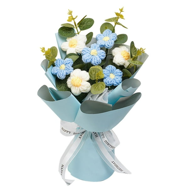 Ramo de flores de ganchillo, ramo tejido a mano, decoración del día de la madre, ramo de flores artificiales versátil para fiesta de Acción de Gracias Azul