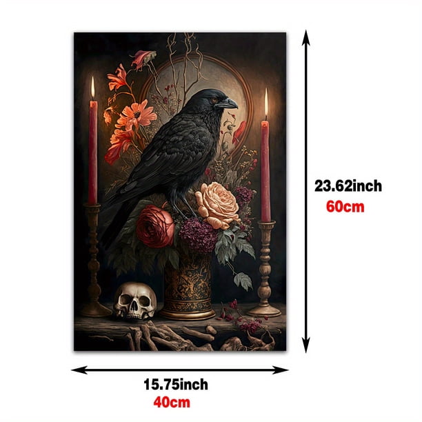 1pc Gothic Crow Raven Skull Flowers & Candles Canvas Wall Art for Home Decor - Abstract Art Painting with Vibrant Colors - Perfect for Bathroom, Bedroom, Office, and Living Room - No Frame Needed