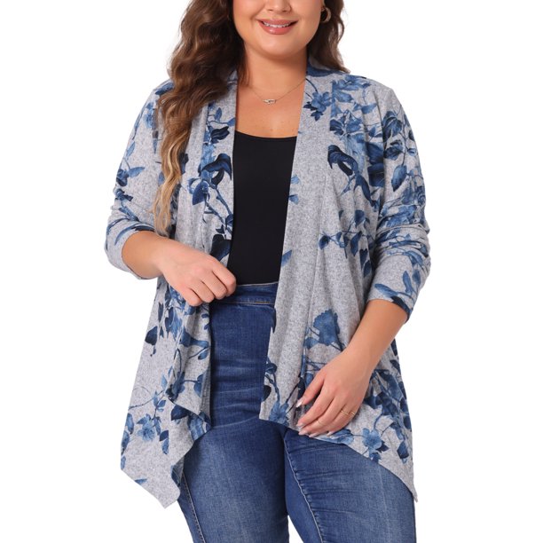 Agnes Orinda Chaquetas de Punto de Talla Grande para Mujer con Estampado de Leopardo y Floral, Chaqueta Ligera Abierta de Otoño, Talla 2X Gris Azul