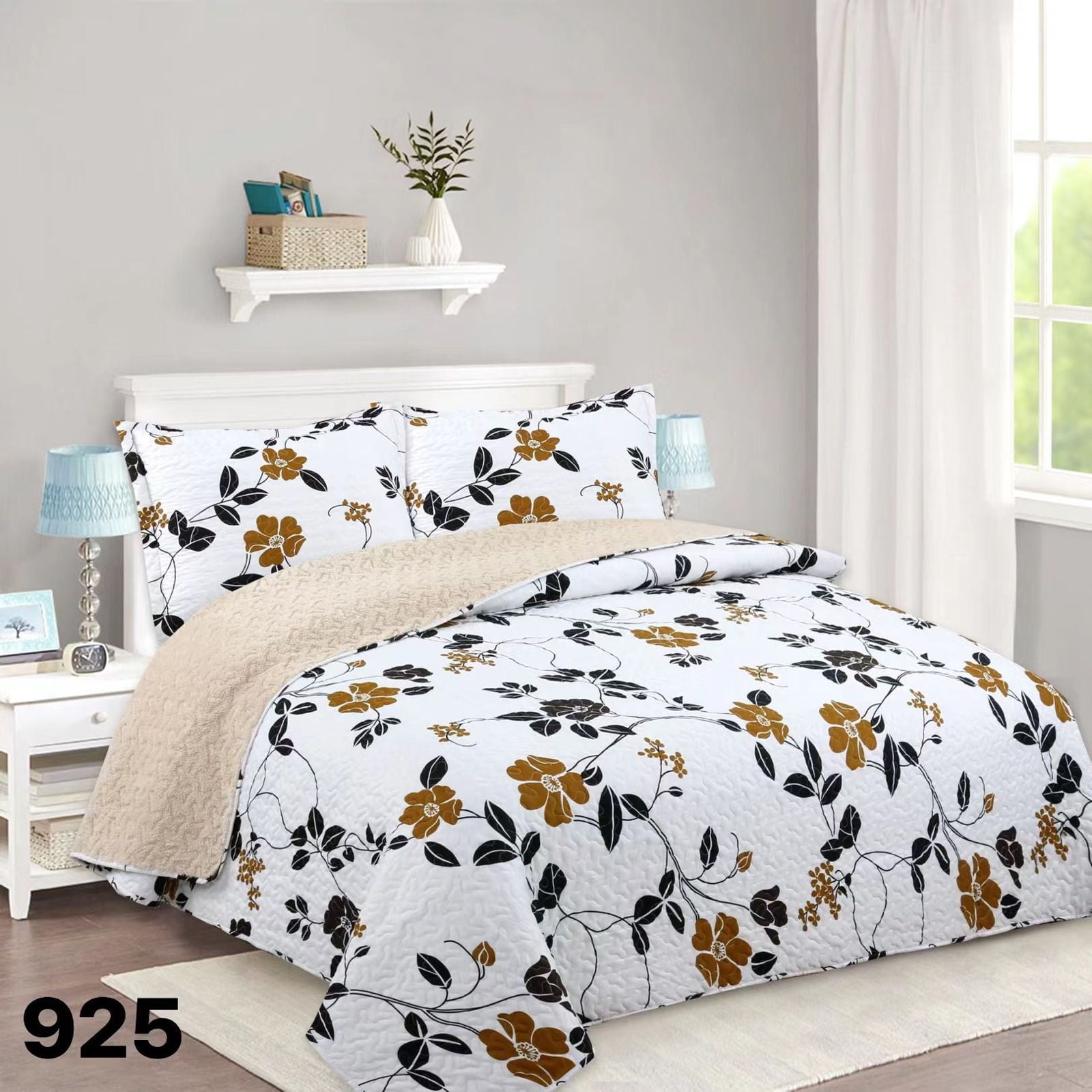 Genérico - Cubrecama Quilt Sherpa 1 1/2 Plazas - Blanco Hojas Doradas M925