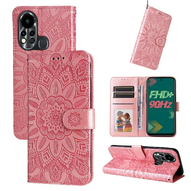 Funda tipo cartera FOXDOCK para Infinix Hot 11s , diseño girasol en relieve, cuero PU, cierre magnético, soporte y tarjetero