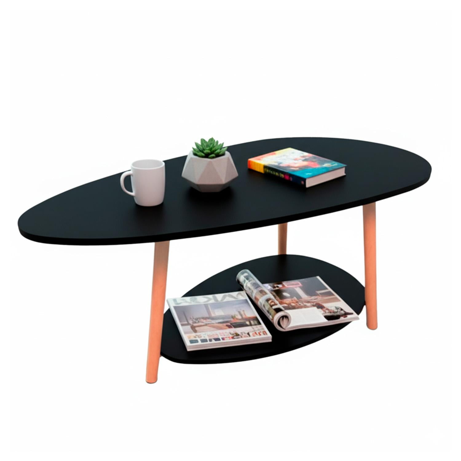 Global Latin Group - Mesa De Centro Ovalada Moderna Minimalista Con Almacenamiento Negro
