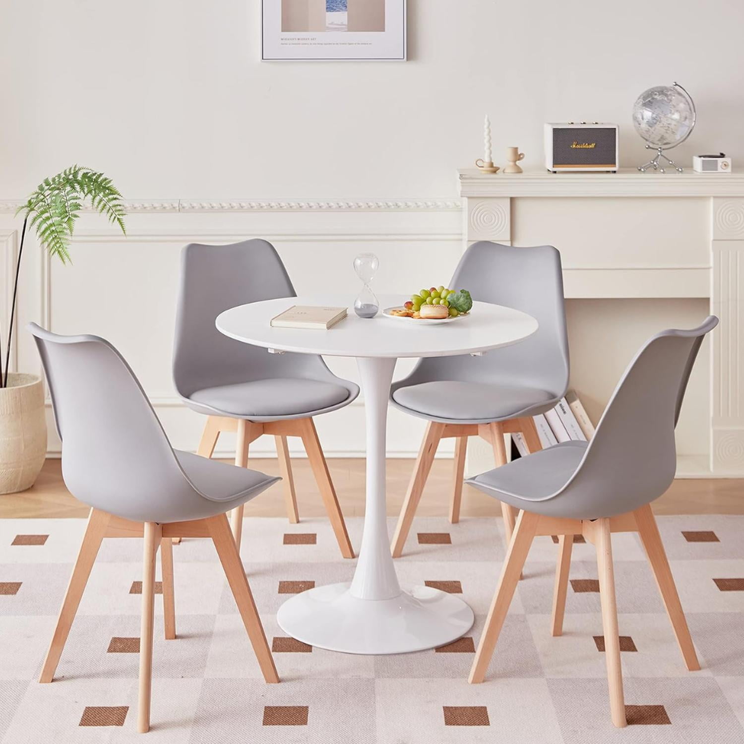 Pandalino - Comedor Mesa Tulip Redonda 80cm Blanca + 4 Sillas Tulip Gris