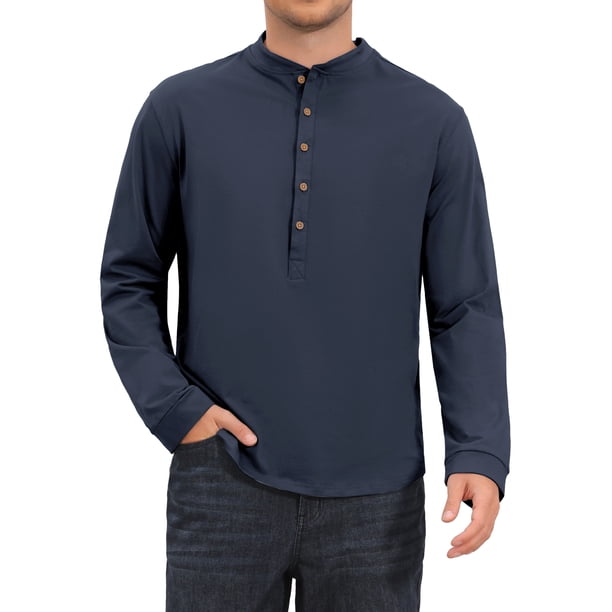 INSPIRE CHIC Camiseta Henley de Algodón para Hombre de Manga Larga con Botones, Camiseta Básica S Azul Marino