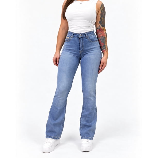 Jeans Mujer Flare Celeste Tiro Medio Pretina Normal