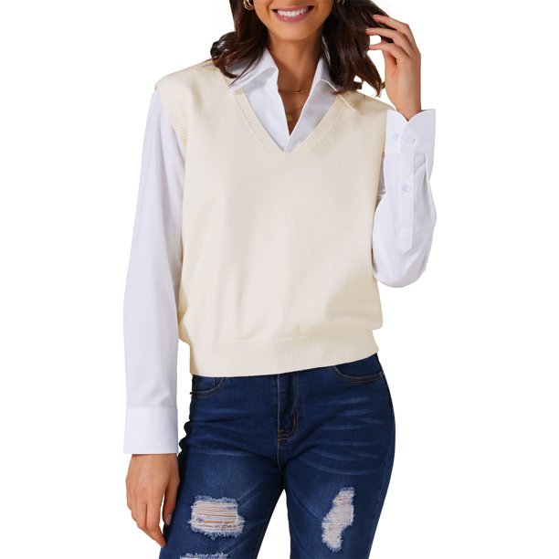 INSPIRE CHIC Chaleco de Suéter de Regreso a Clases para Mujer Cuello en V Sin Mangas Uniforme Clásico Tops de Jersey Tejido S Beige
